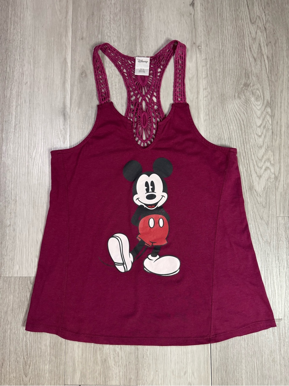 Disney Women’s Burgundy Racer Back Mickey Mouse Tank Top Crochet Back Medium